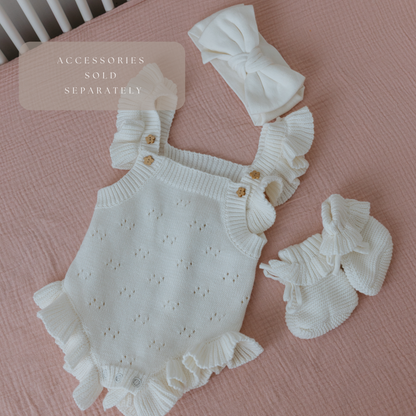 White pointelle ruffle romper