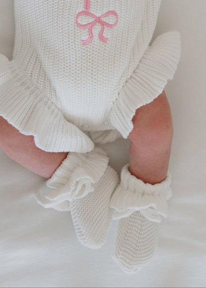 Knit Ruffle Booties-Ivory