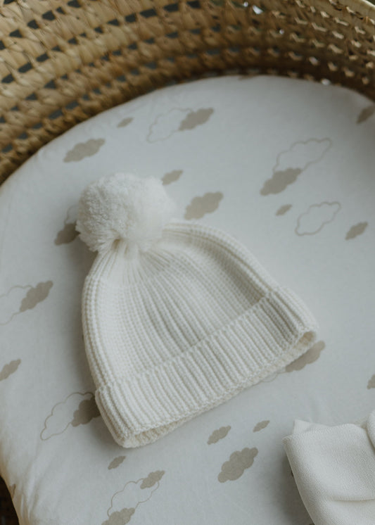 Knit Pom Hat Beanie- Ivory