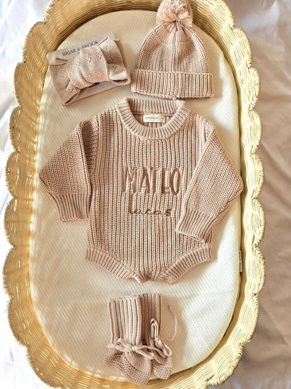 Chunky knit gender neutral oat romper