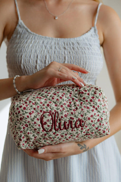 Quilted flower makeup bag
