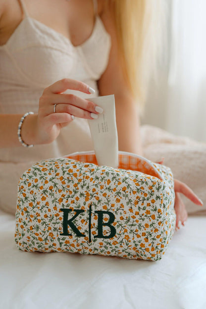 Quilted flower makeup bag