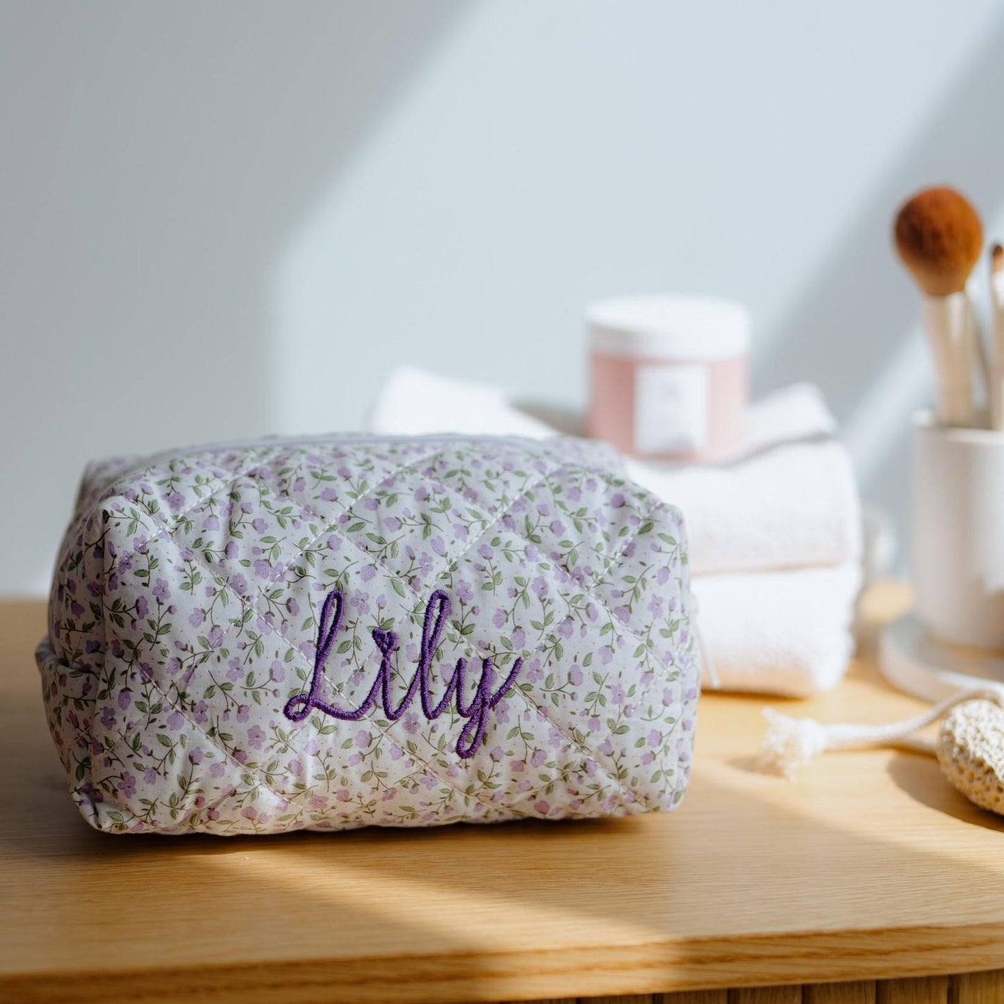 Quilted flower makeup bag