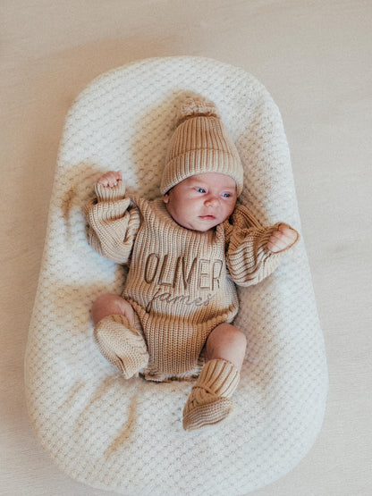 Chunky knit gender neutral oat romper