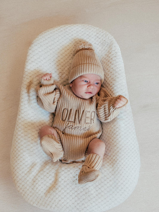 Chunky knit gender neutral oat romper