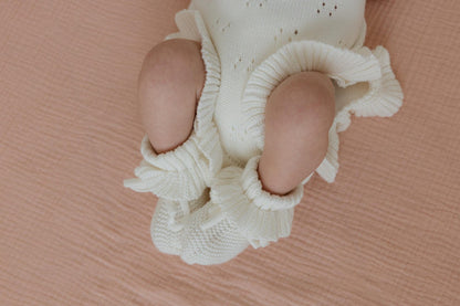 White pointelle ruffle romper