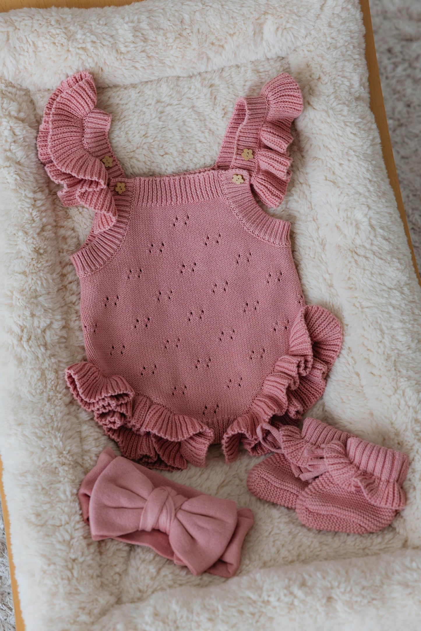 Knit Ruffle Pointelle Romper Set