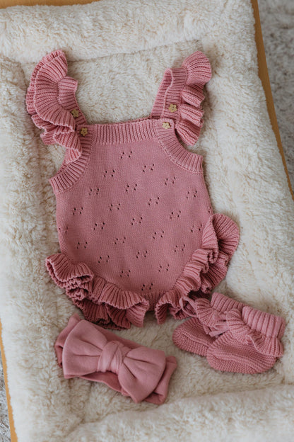 Knit Ruffle Pointelle Romper Set