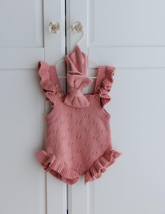 Knit Ruffle Pointelle Romper Set