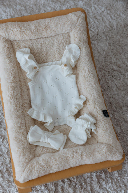 White pointelle ruffle romper