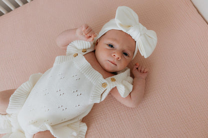 White pointelle ruffle romper